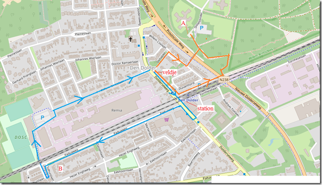 Plattegrond van Den Dolder met daarop de geplande route.