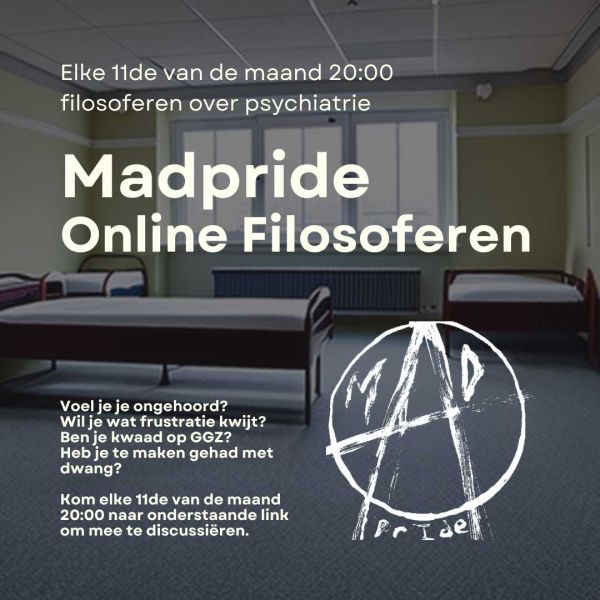 Promo afbeelding voor de Mad Pride online filosoferen over psychiatrie bijeenkomsten