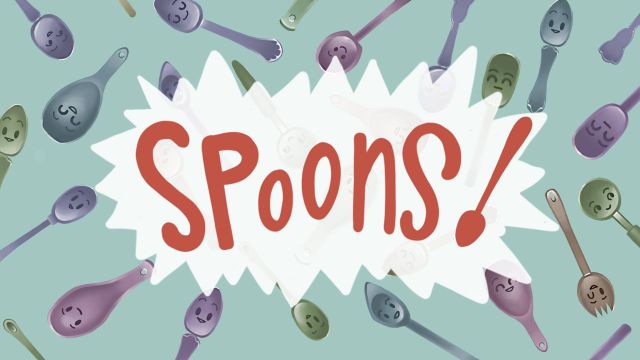 Spoons in rode tekst met op de achtergrond verschillende lepels met blije gezichtjes.